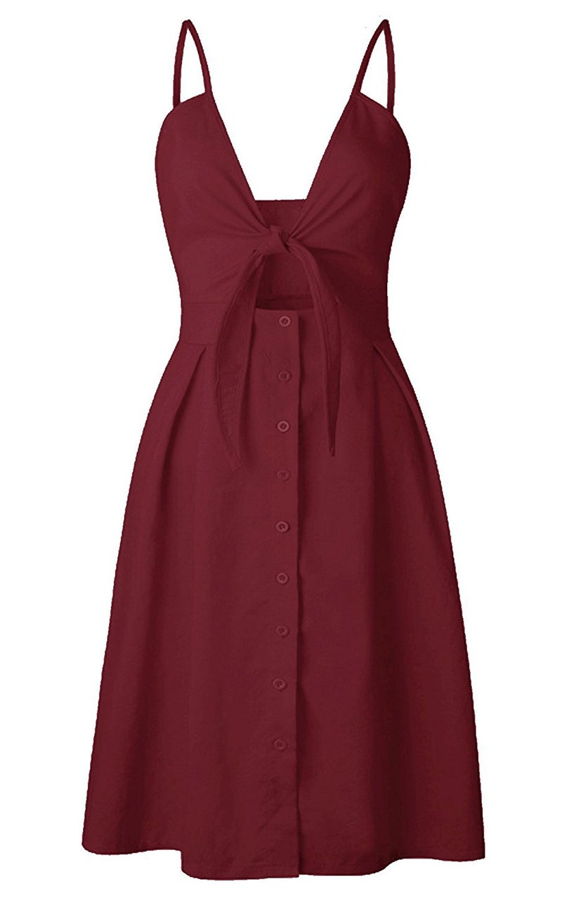 ECOWISH Women 2024 Summer Dresses Tie Front V-Neck Spaghetti Strap Button Down A-Line Backless Swing Midi Dress 572 Wine Red S - Image 4